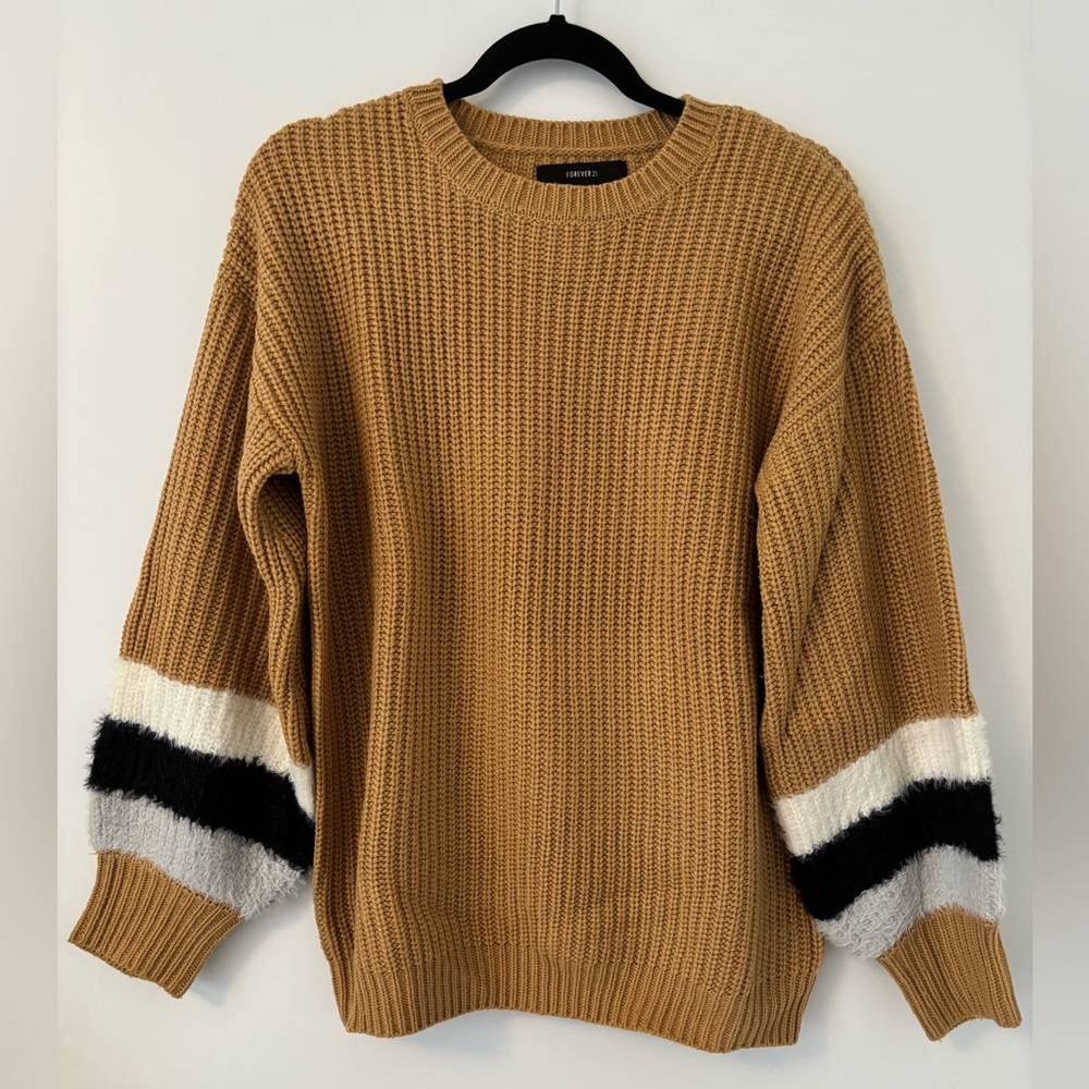 FOREVER 21 | Tan Knit Sweater with Black and White Striped Sleeve